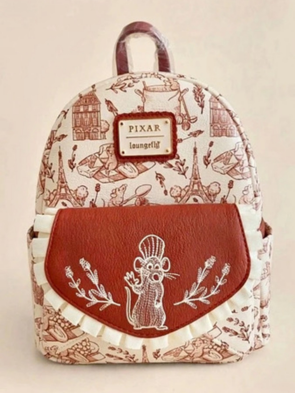 Disney Pixar Loungefly Ratatouille Remy Paris Toile Ruffle Backpack Purse Nwt